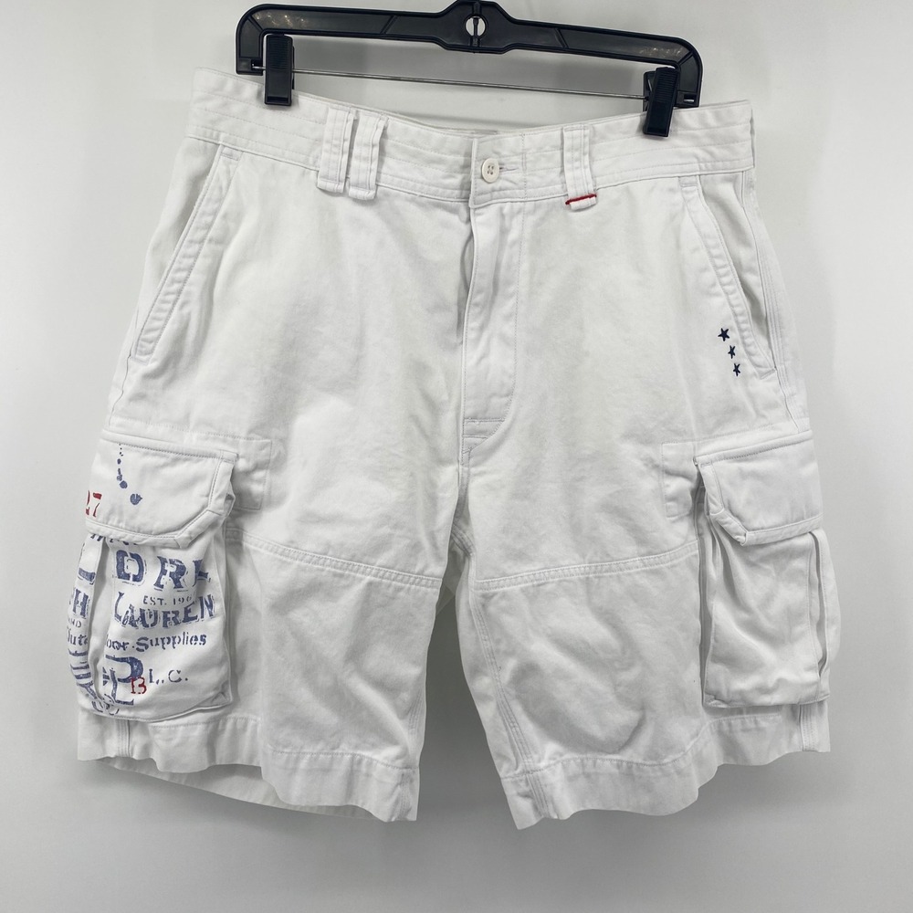 Polo Ralph Lauren Cargo Shorts Mens 34 White Graphic Print Utility Outdoor